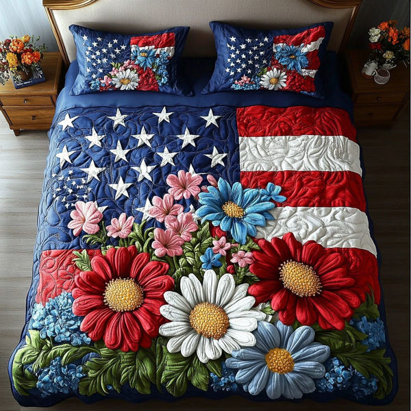 Sunflower Glory quilted 3-piece bedding set on a made bed with two matching pillow shams