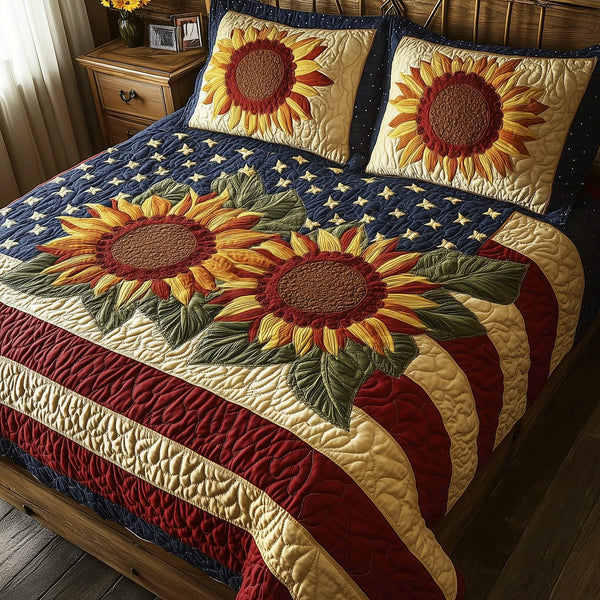 Sunflower Glory quilted 3-piece bedding set on a made bed with two matching pillow shams