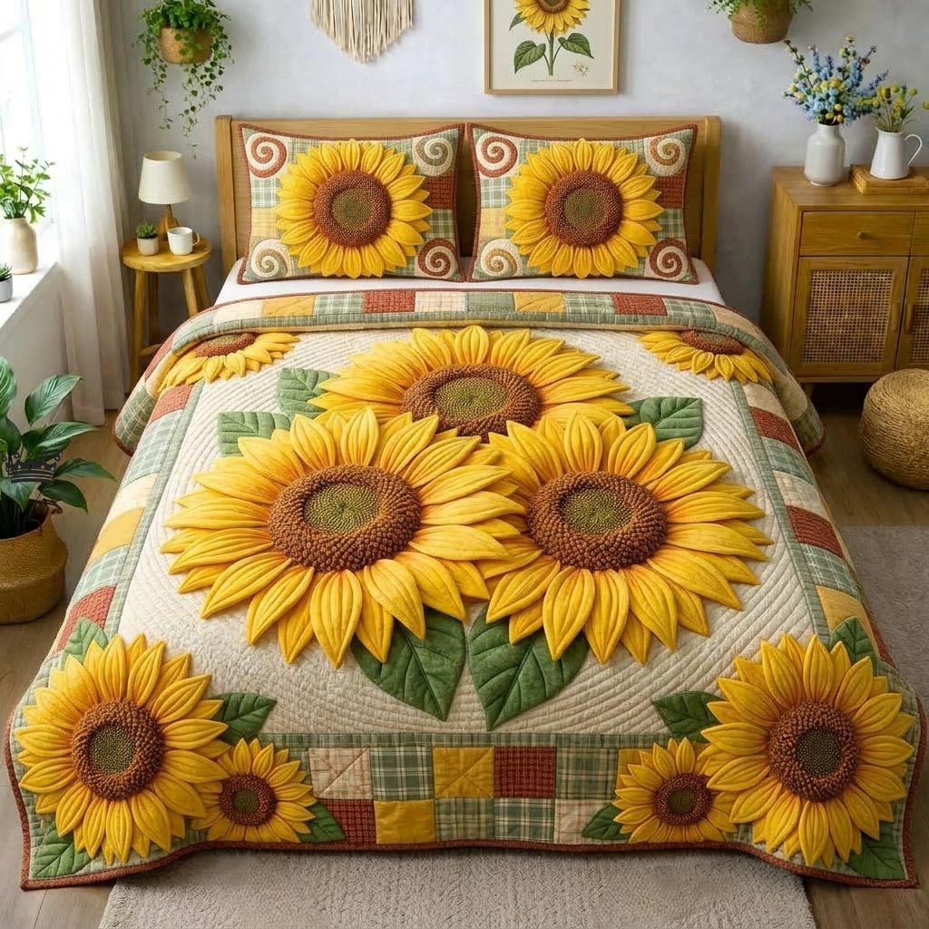 Sunflower Glow quilted 3-piece bedding set on a made bed with two matching pillow shams