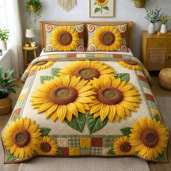 Sunflower Glow quilted 3-piece bedding set on a made bed with two matching pillow shams