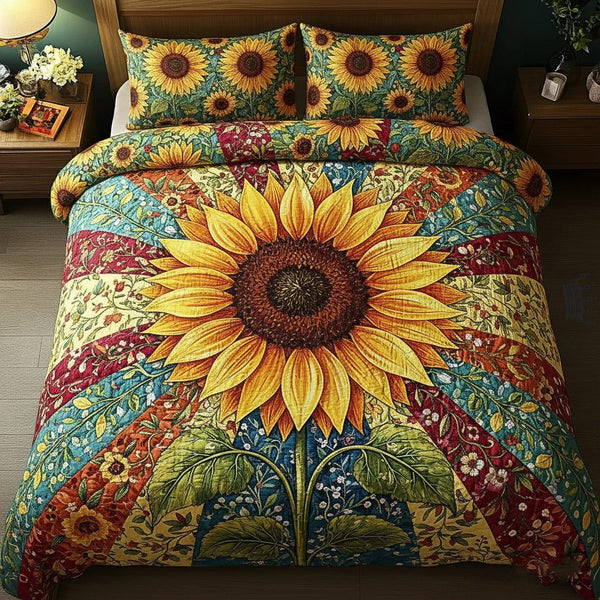 Sunflower Glow quilted 3-piece bedding set on a made bed with two matching pillow shams