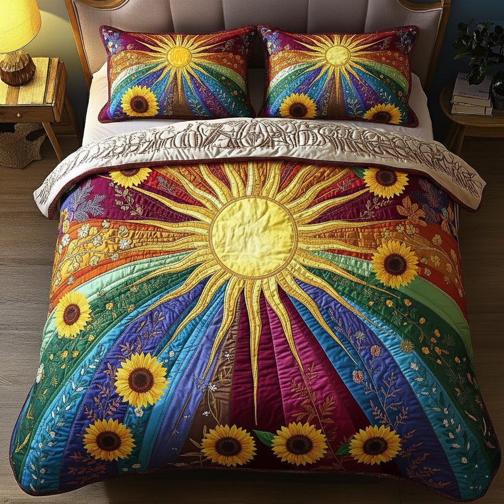 Sunflower Glow quilted 3-piece bedding set on a made bed with two matching pillow shams