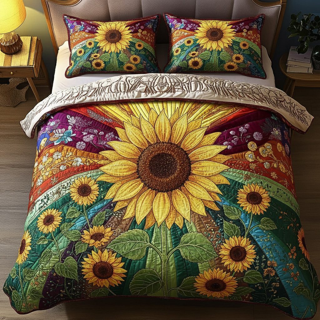 Sunflower Glow quilted 3-piece bedding set on a made bed with two matching pillow shams