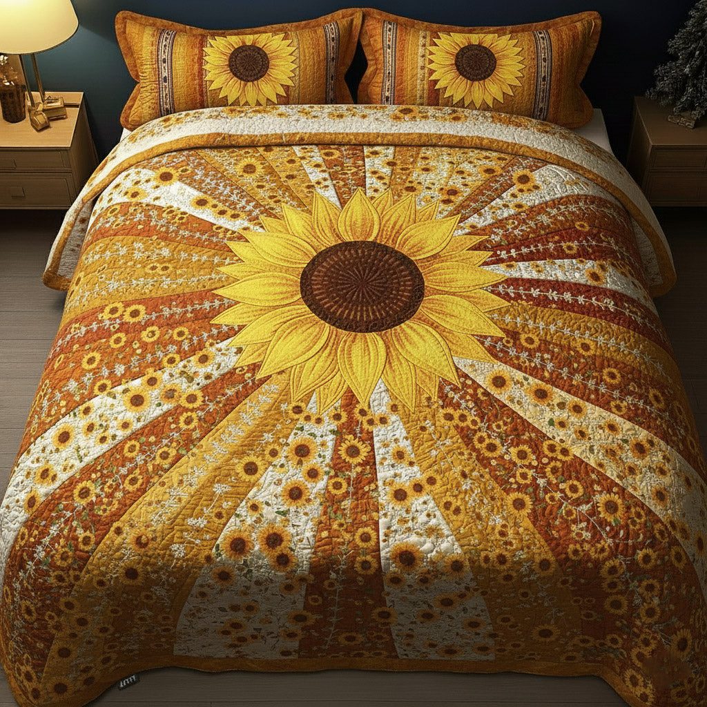 Sunflower Glow quilted 3-piece bedding set on a made bed with two matching pillow shams