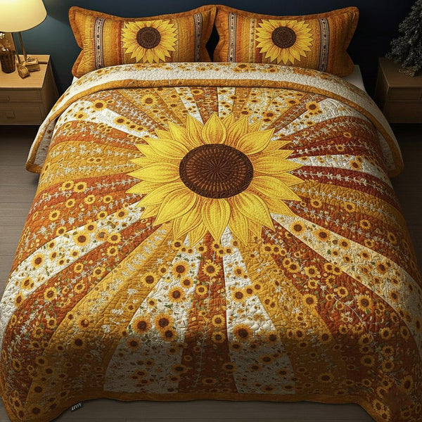 Sunflower Glow quilted 3-piece bedding set on a made bed with two matching pillow shams