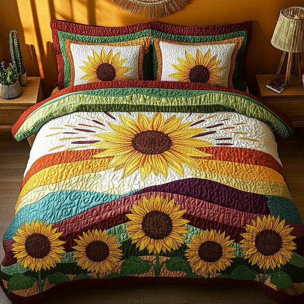 Sunflower Glow quilted 3-piece bedding set on a made bed with two matching pillow shams