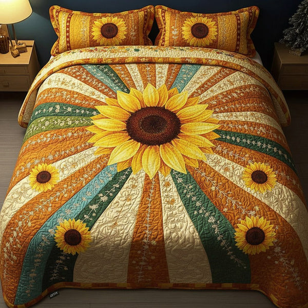 Sunflower Glow quilted 3-piece bedding set on a made bed with two matching pillow shams
