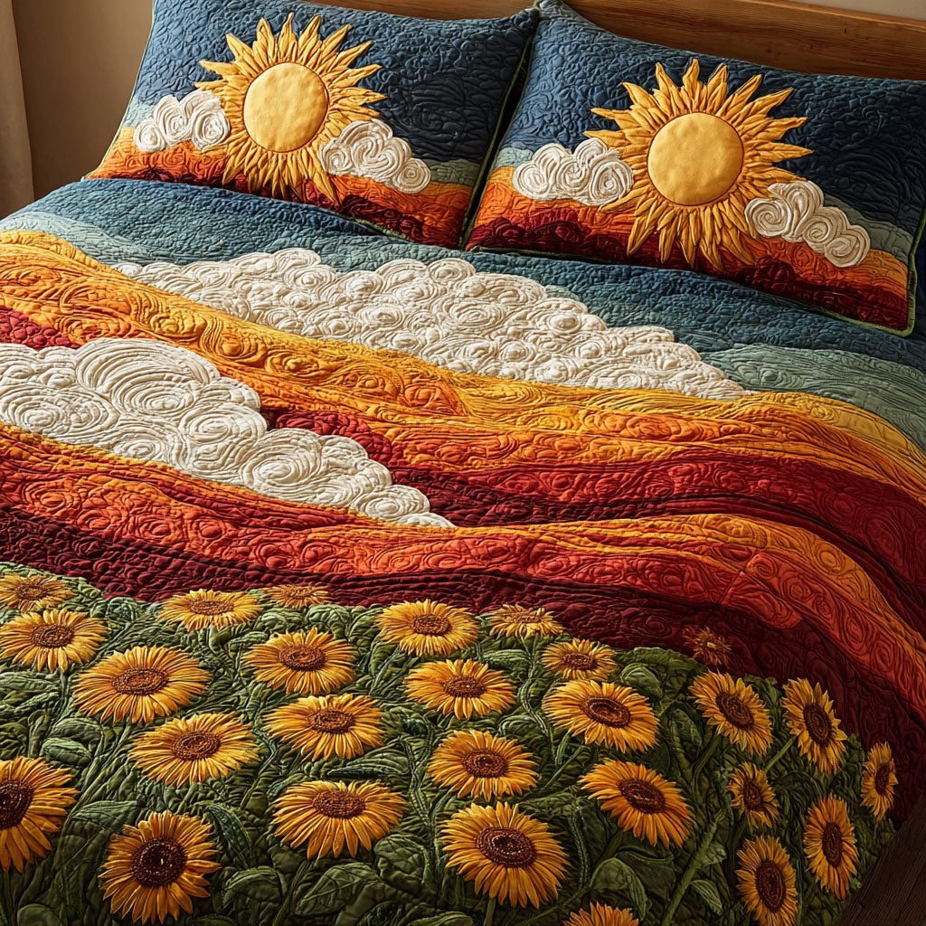 Sunflower Glow quilted 3-piece bedding set on a made bed with two matching pillow shams