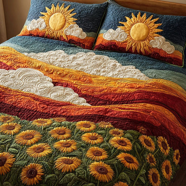Sunflower Glow quilted 3-piece bedding set on a made bed with two matching pillow shams
