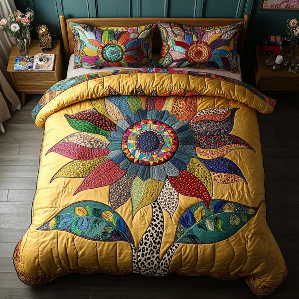 Sunflower Glow quilted 3-piece bedding set on a made bed with two matching pillow shams