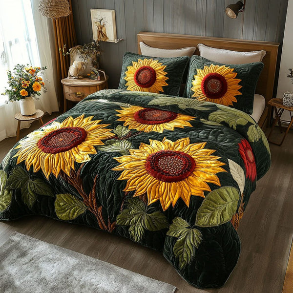 Sunflower Glow quilted 3-piece bedding set on a made bed with two matching pillow shams