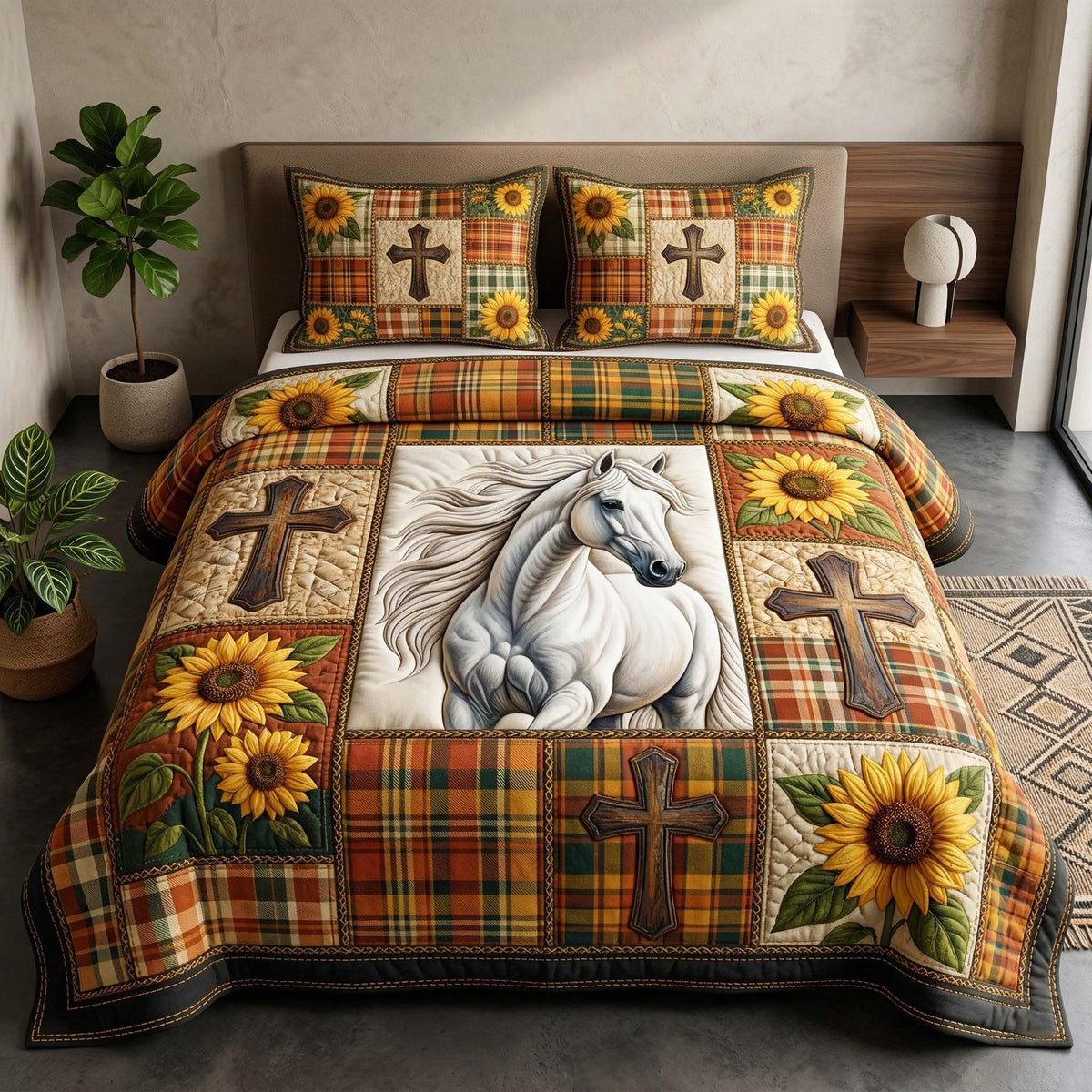 Sunflower Grace quilted 3-piece bedding set on a made bed with two matching pillow shams