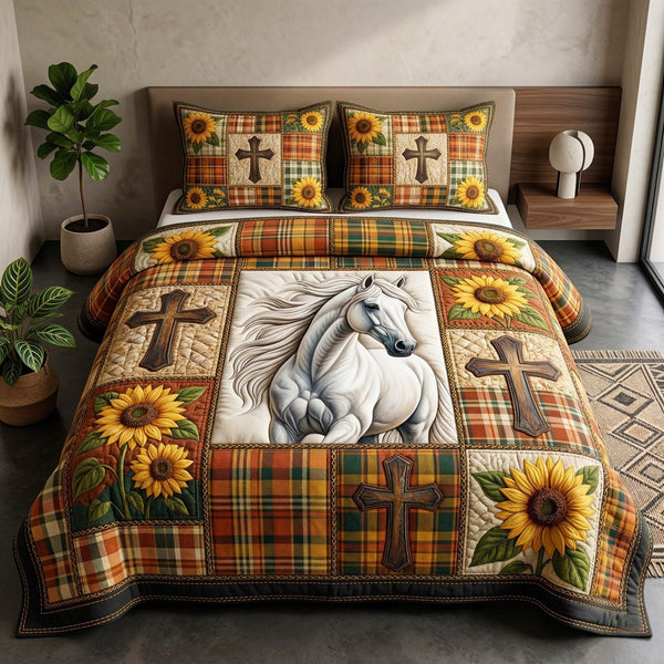 Sunflower Grace quilted 3-piece bedding set on a made bed with two matching pillow shams