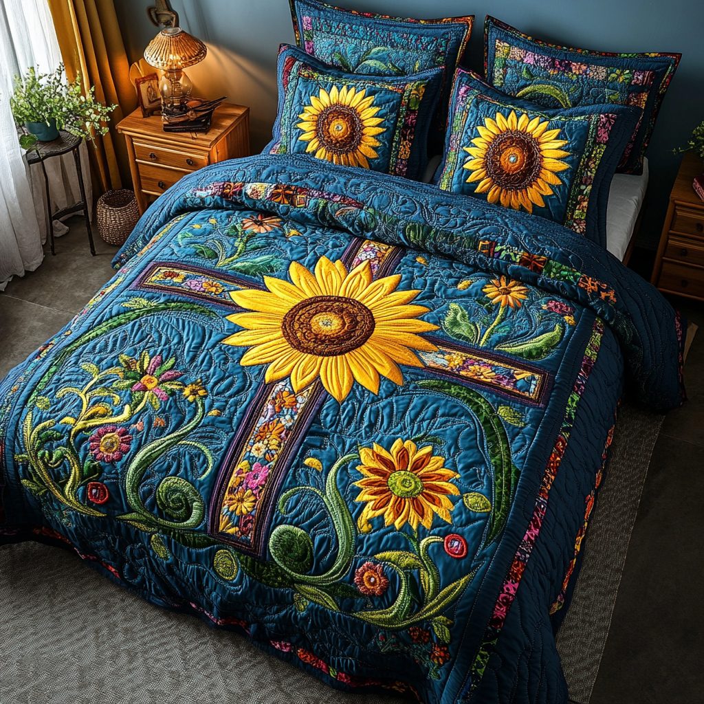 Sunflower Grace quilted 3-piece bedding set on a made bed with two matching pillow shams