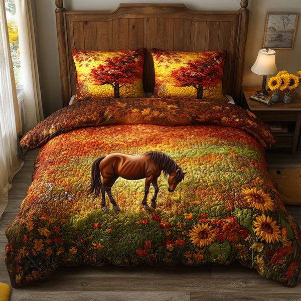 Sunflower Grove quilted 3-piece bedding set on a made bed with two matching pillow shams
