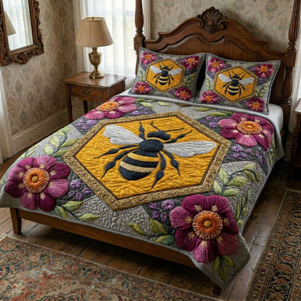 Sunflower Harmony quilted 3-piece bedding set on a made bed with two matching pillow shams