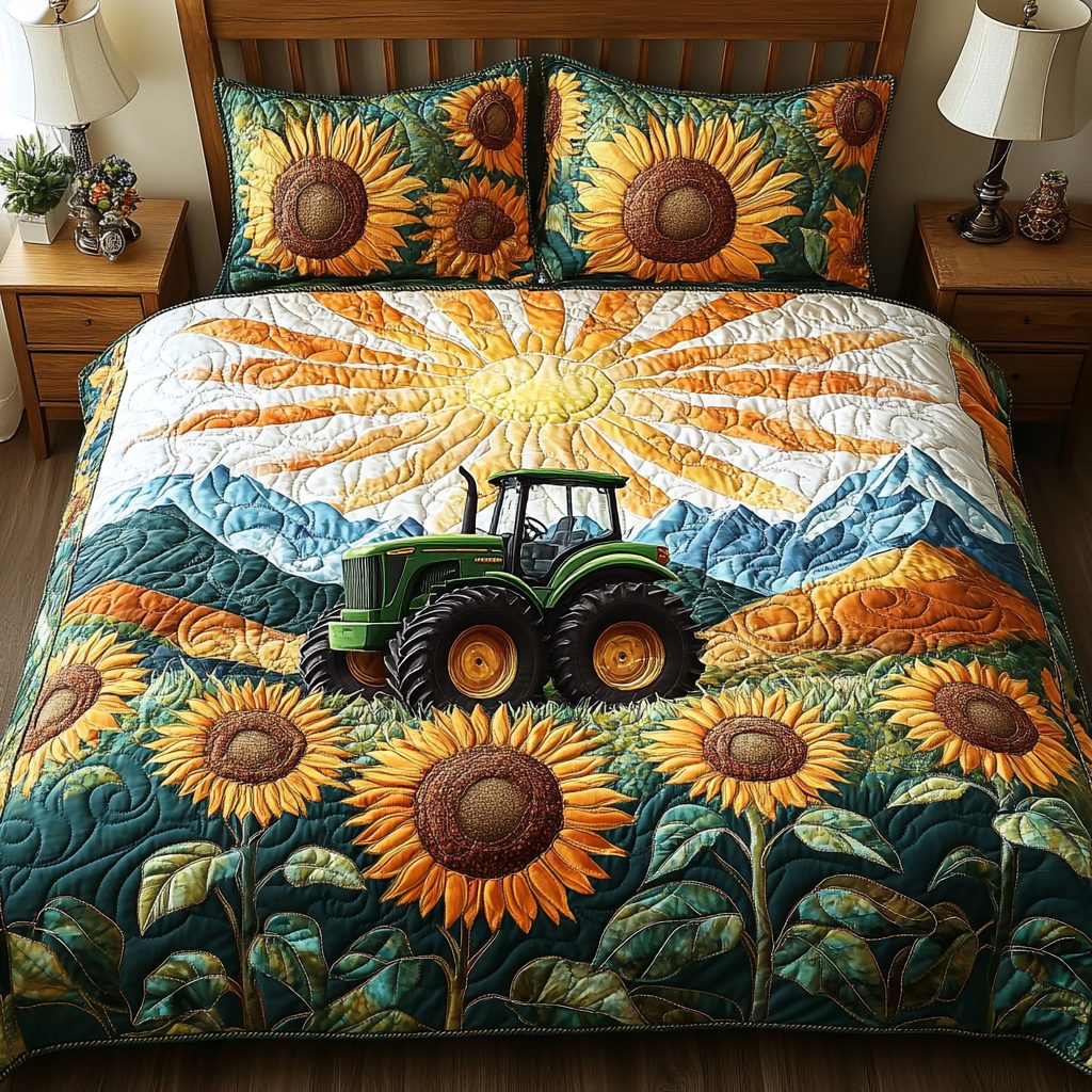 Sunflower Harves quilted 3-piece bedding set on a made bed with two matching pillow shams