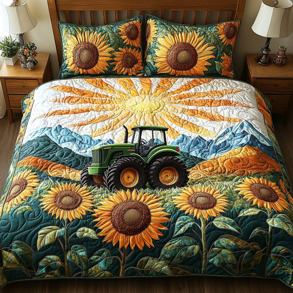 Sunflower Harves quilted 3-piece bedding set on a made bed with two matching pillow shams