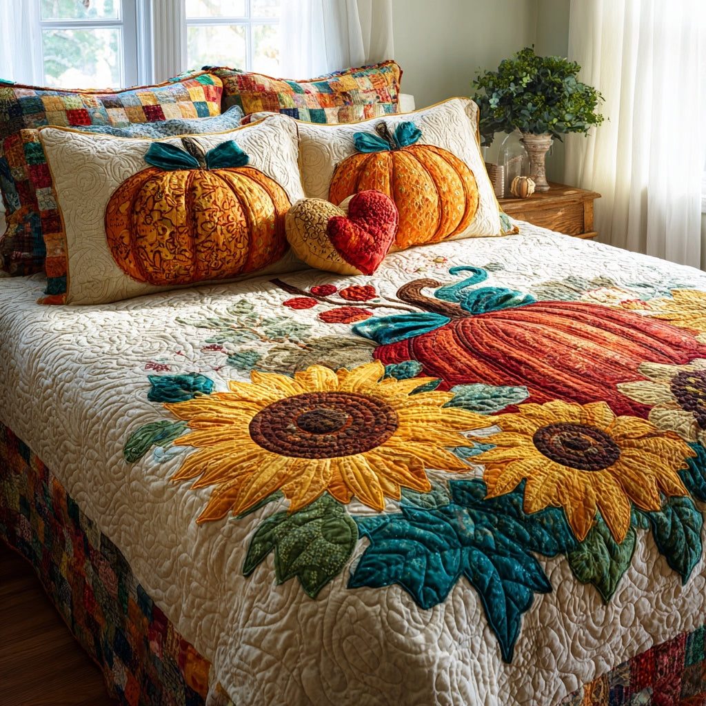 Sunflower Harvest Glow quilted 3-piece bedding set on a made bed with two matching pillow shams