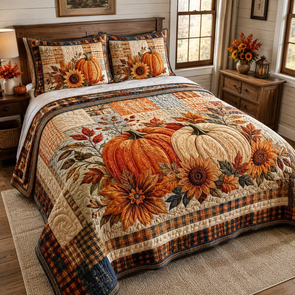 Sunflower Harvest quilted 3-piece bedding set on a made bed with two matching pillow shams