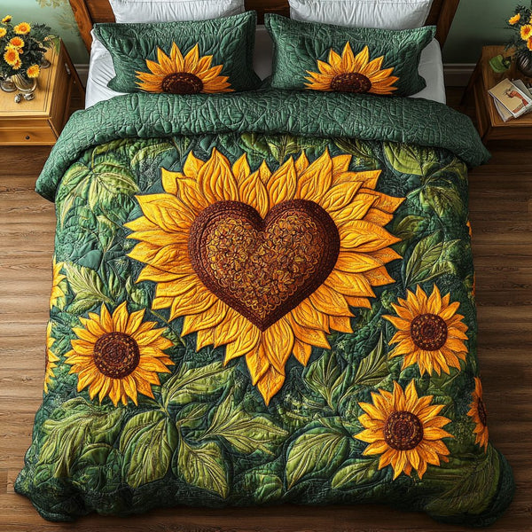 Sunflower Heart quilted 3-piece bedding set on a made bed with two matching pillow shams