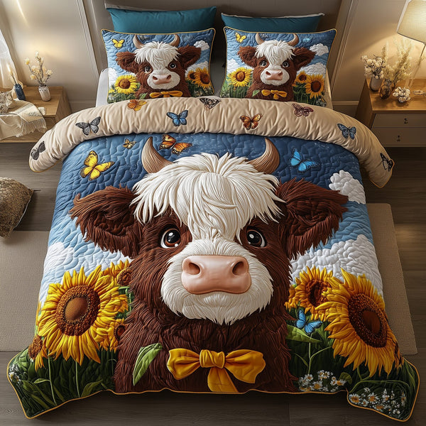 Sunflower Highland Cow quilted 3-piece bedding set on a made bed with two matching pillow shams