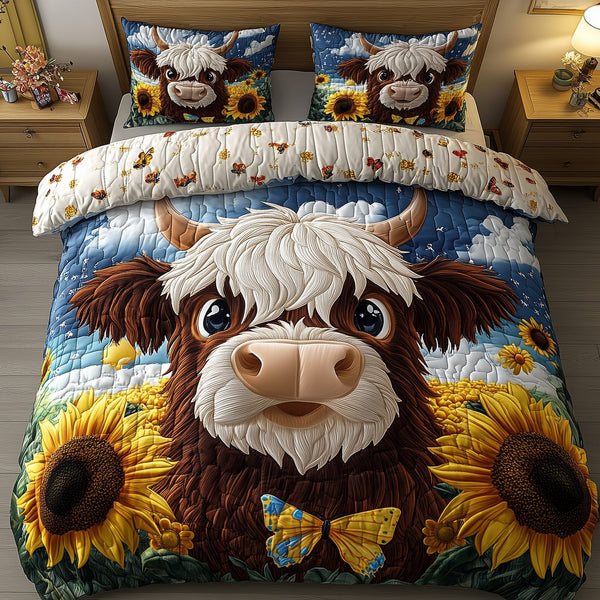 Sunflower Highland Cow quilted 3-piece bedding set on a made bed with two matching pillow shams