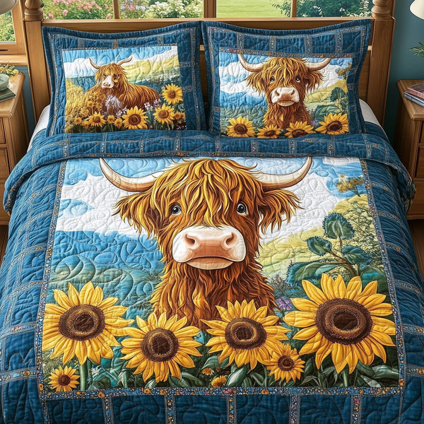 Sunflower Highland Cow quilted 3-piece bedding set on a made bed with two matching pillow shams