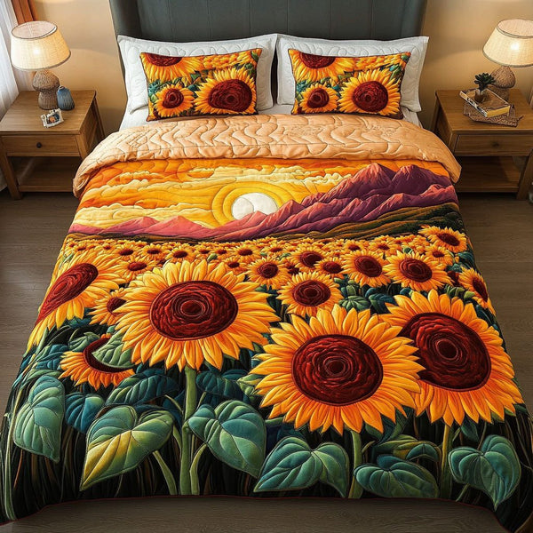 Sunflower Horizon quilted 3-piece bedding set on a made bed with two matching pillow shams