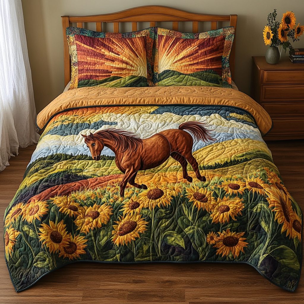Sunflower Horse Parade quilted 3-piece bedding set on a made bed in a rustic timber bedroom