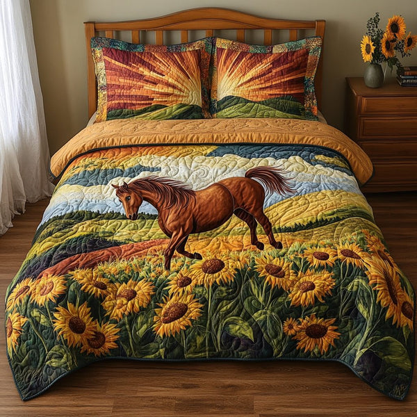 Sunflower Horse Parade quilted 3-piece bedding set on a made bed in a rustic timber bedroom