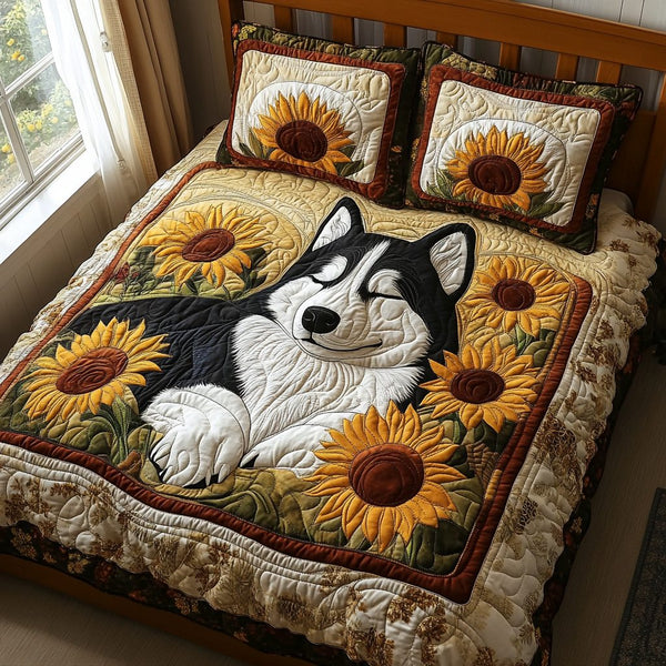 Sunflower Husky quilted 3-piece bedding set on a made bed with two matching pillow shams
