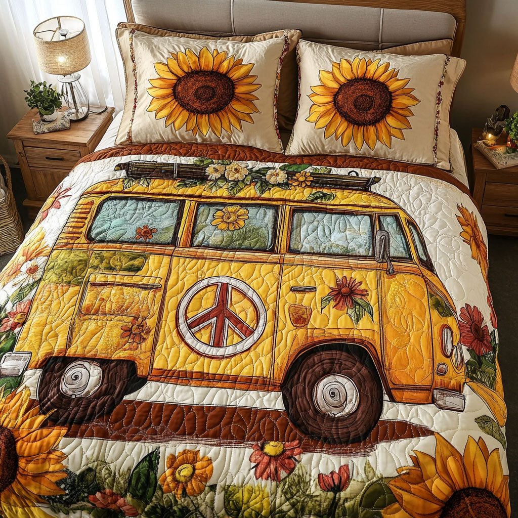 Sunflower Journey quilted 3-piece bedding set on a made bed with two matching pillow shams
