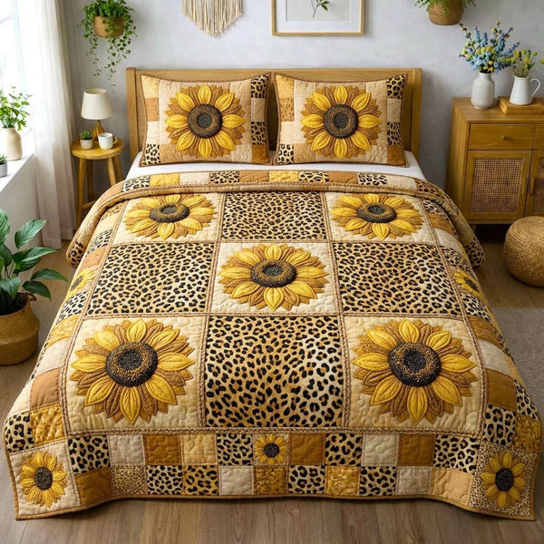 Sunflower Joy quilted 3-piece bedding set on a made bed with two matching pillow shams