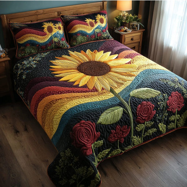 Sunflower Joy quilted 3-piece bedding set on a made bed with two matching pillow shams