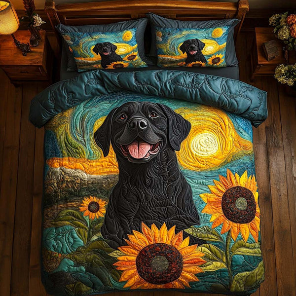 Sunflower Labrador quilted 3-piece bedding set on a made bed with two matching pillow shams