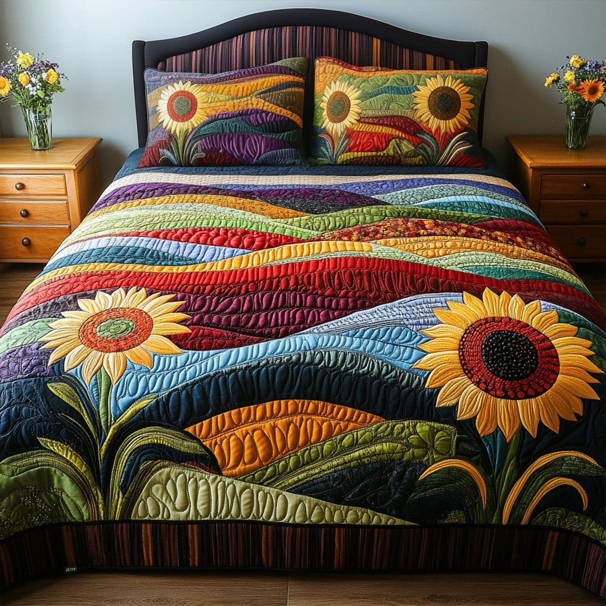 Sunflower Landscape quilted 3-piece bedding set on a made bed with two matching pillow shams