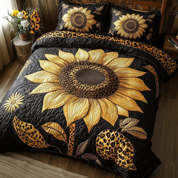 Sunflower Leopard quilted 3-piece bedding set on a made bed with two matching pillow shams