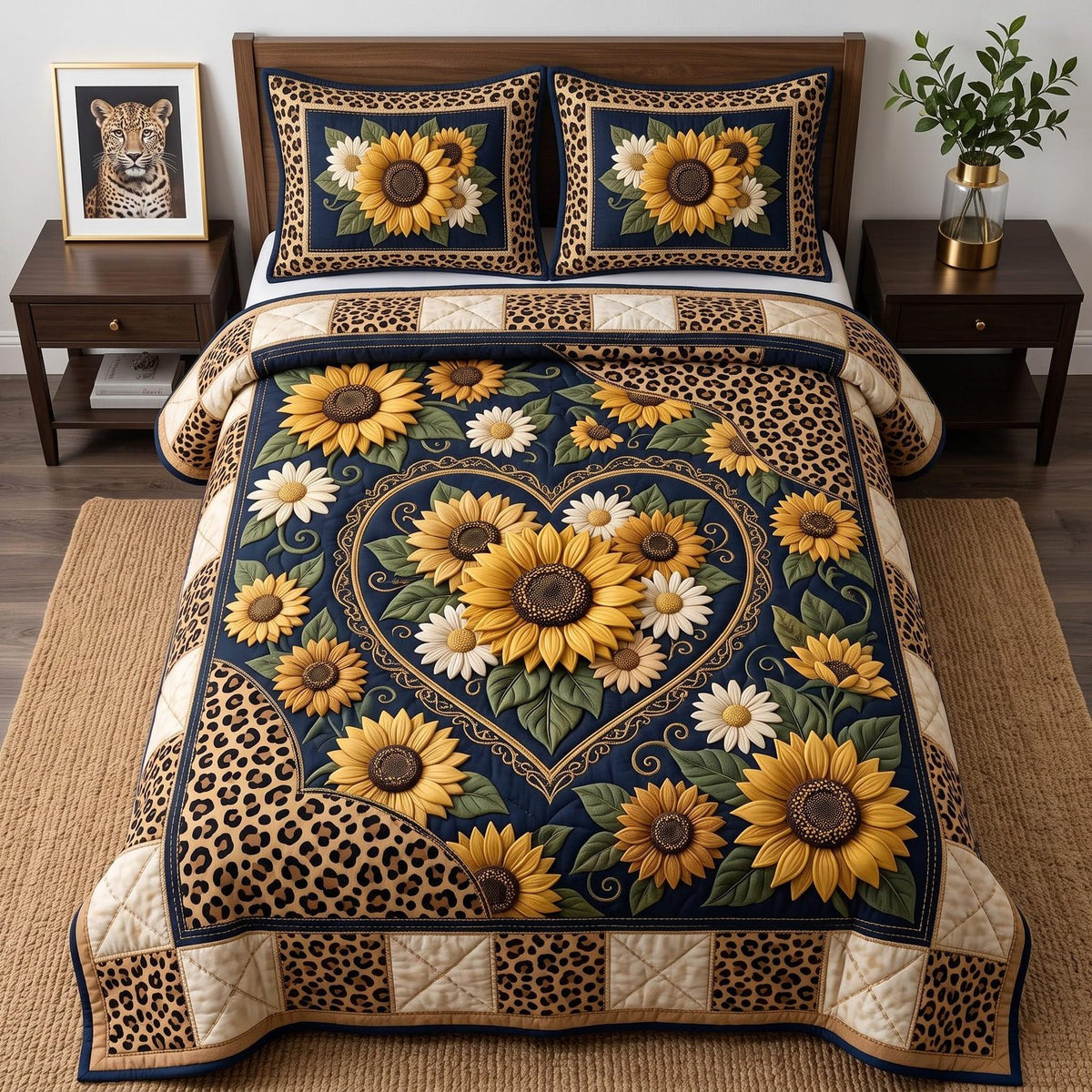 Sunflower Leopard quilted 3-piece bedding set on a made bed with two matching pillow shams