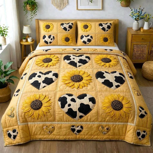 Sunflower Love quilted 3-piece bedding set on a made bed with two matching pillow shams