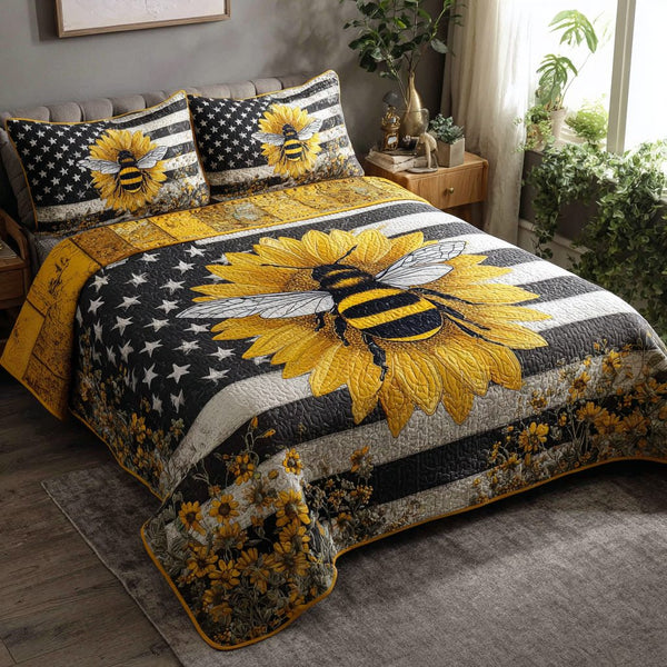 Sunflower Magic quilted 3-piece bedding set on a made bed with two matching pillow shams
