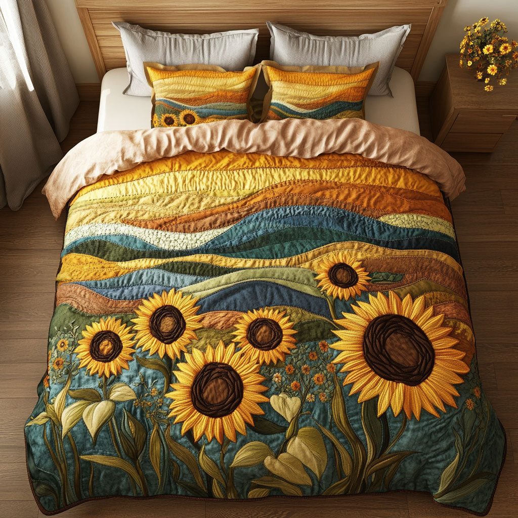 Sunflower Meadow quilted 3-piece bedding set on a made bed with two matching pillow shams