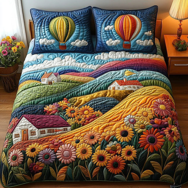 Sunflower Meadow quilted 3-piece bedding set on a made bed with two matching pillow shams