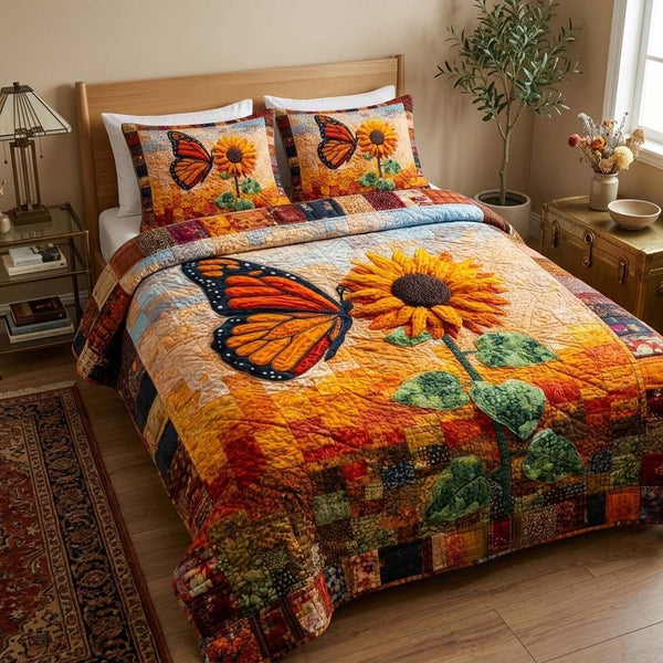 Sunflower Monarch quilted 3-piece bedding set on a made bed with two matching pillow shams