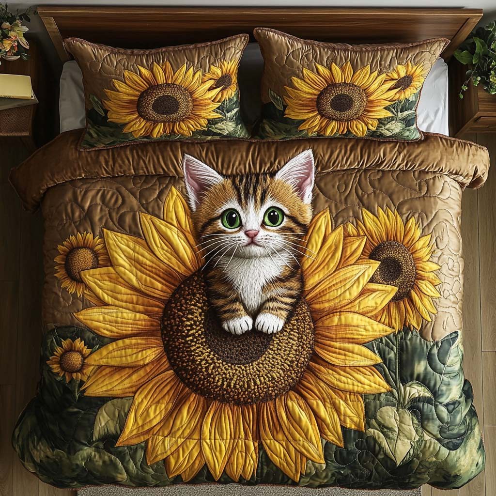 Sunflower Nest quilted 3-piece bedding set on a made bed with two matching pillow shams