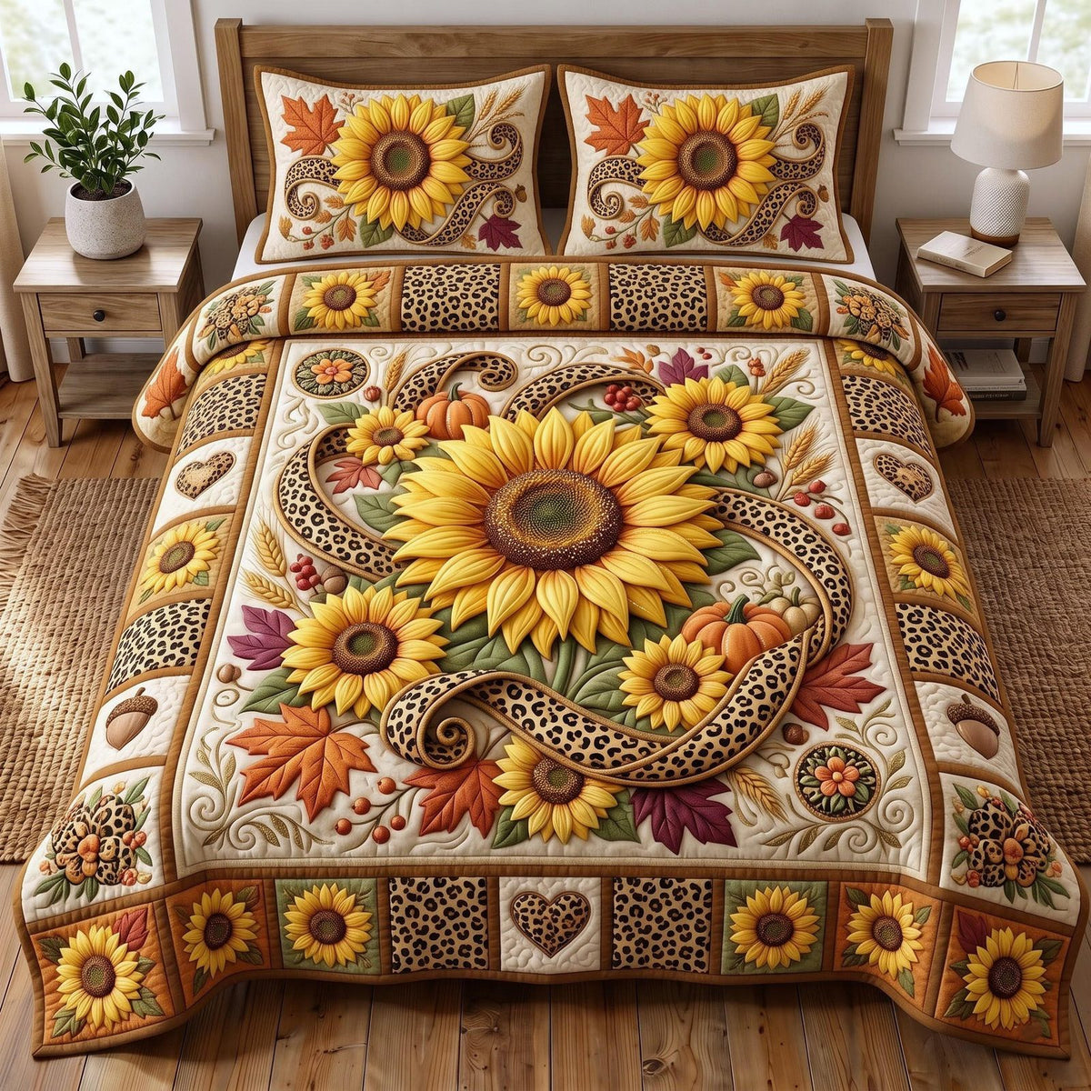 Sunflower Paisley quilted 3-piece bedding set on a made bed with two matching pillow shams