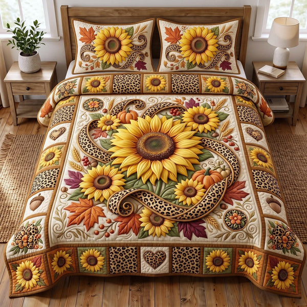 Sunflower Paisley quilted 3-piece bedding set on a made bed with two matching pillow shams