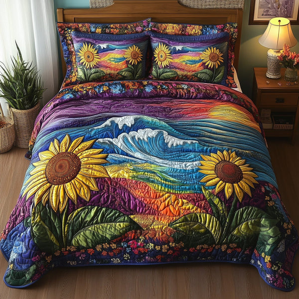 Sunflower Paradise quilted 3-piece bedding set on a made bed with two matching pillow shams