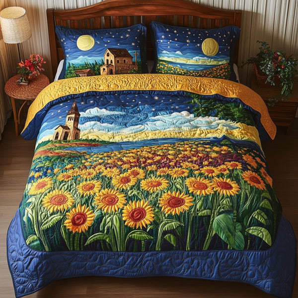 Sunflower Paradise quilted 3-piece bedding set on a made bed with two matching pillow shams