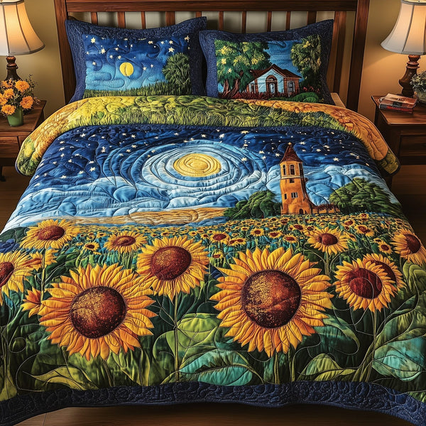 Sunflower Paradise quilted 3-piece bedding set on a made bed with two matching pillow shams